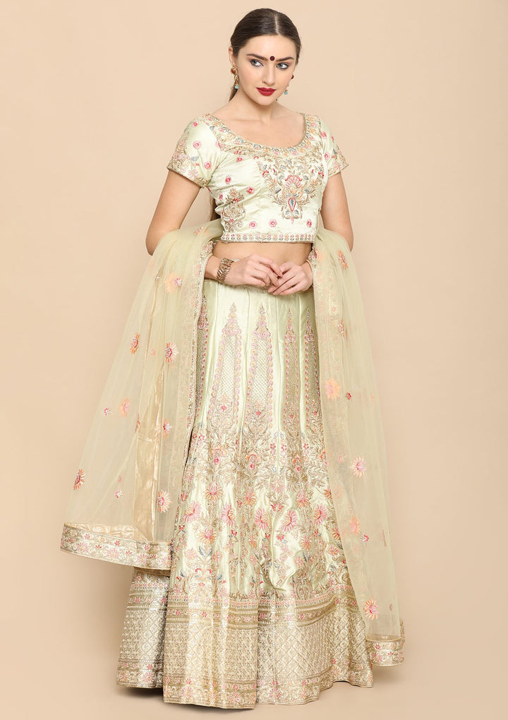 Pista Green Micro-Stone Work Net Designer Lehenga-Koskii