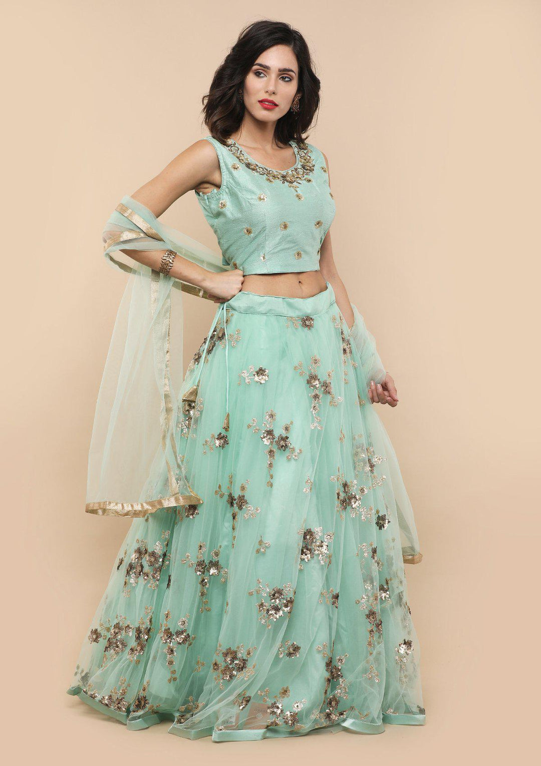 Pista Green Floral Net Designer Lehenga-Koskii
