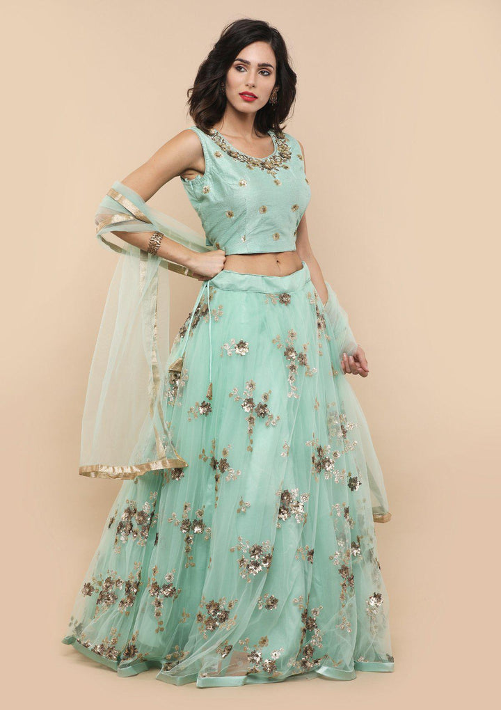 Pista Green Floral Net Designer Lehenga-Koskii