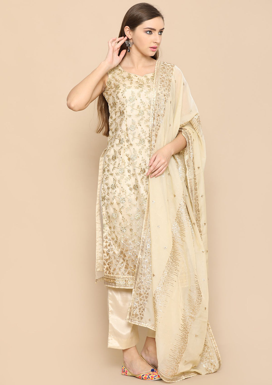gold zari work designer salwar suit-Koskii