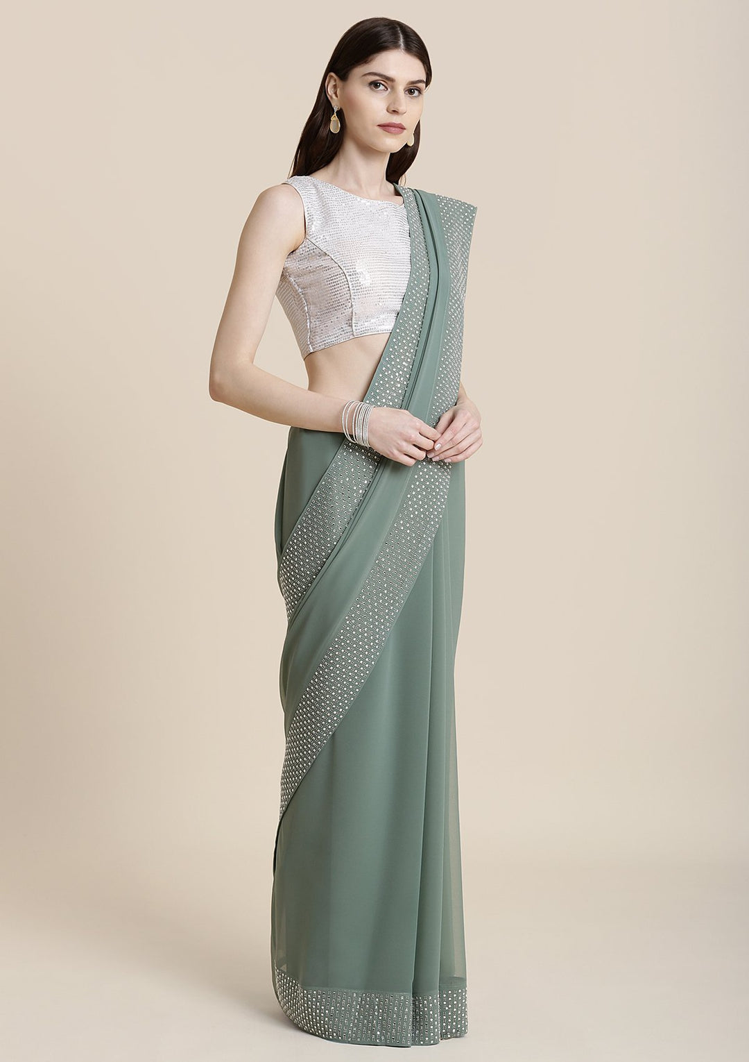 Sea Green Swarovski Georgette Designer Saree-Koskii