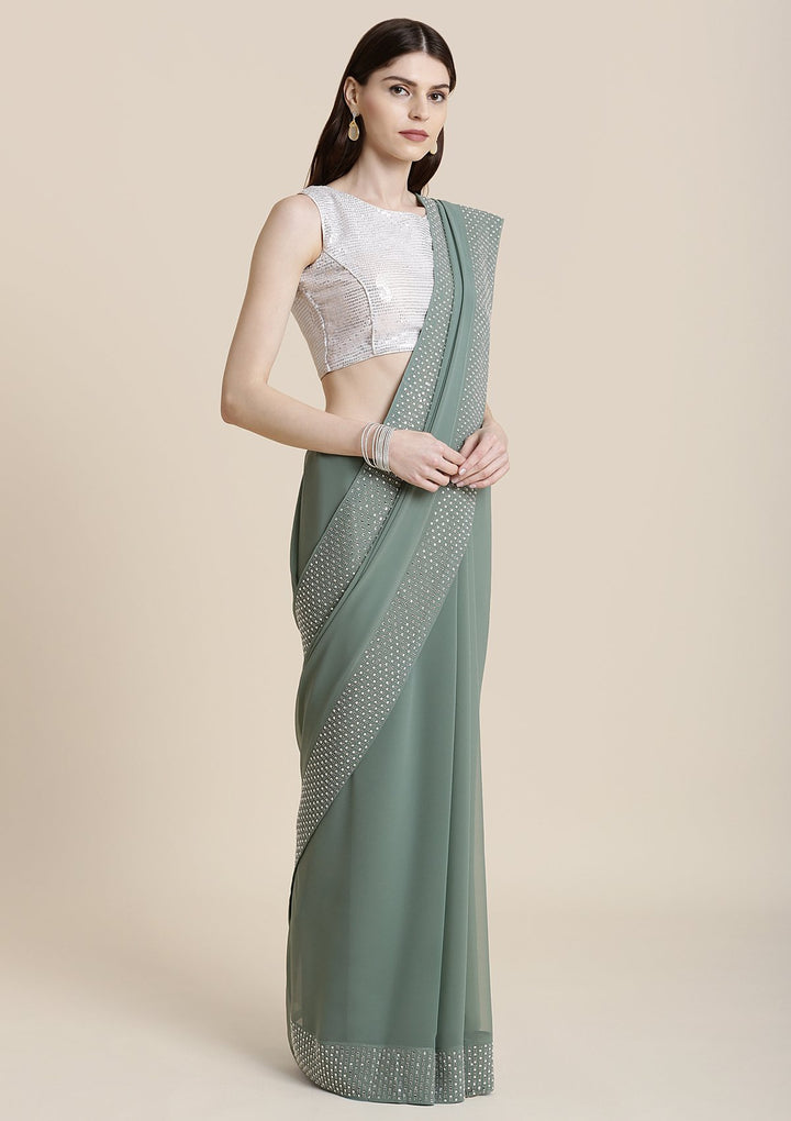 Sea Green Swarovski Georgette Designer Saree-Koskii