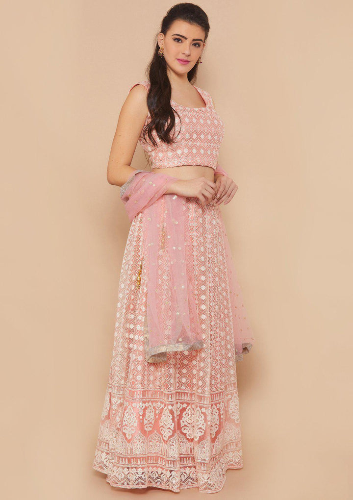 Pink Thread-Work Net Designer Lehenga-Koskii