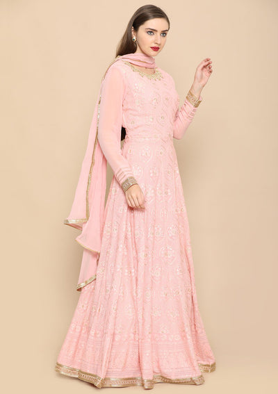 Baby Pink Zari Work Georgette Designer Gown-Koskii