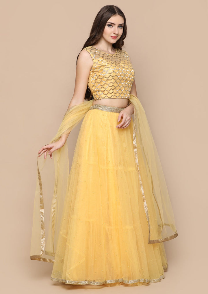 Yellow Shimmer Appliqu???Ìâ?å©d Silk Designer Lehenga-Koskii