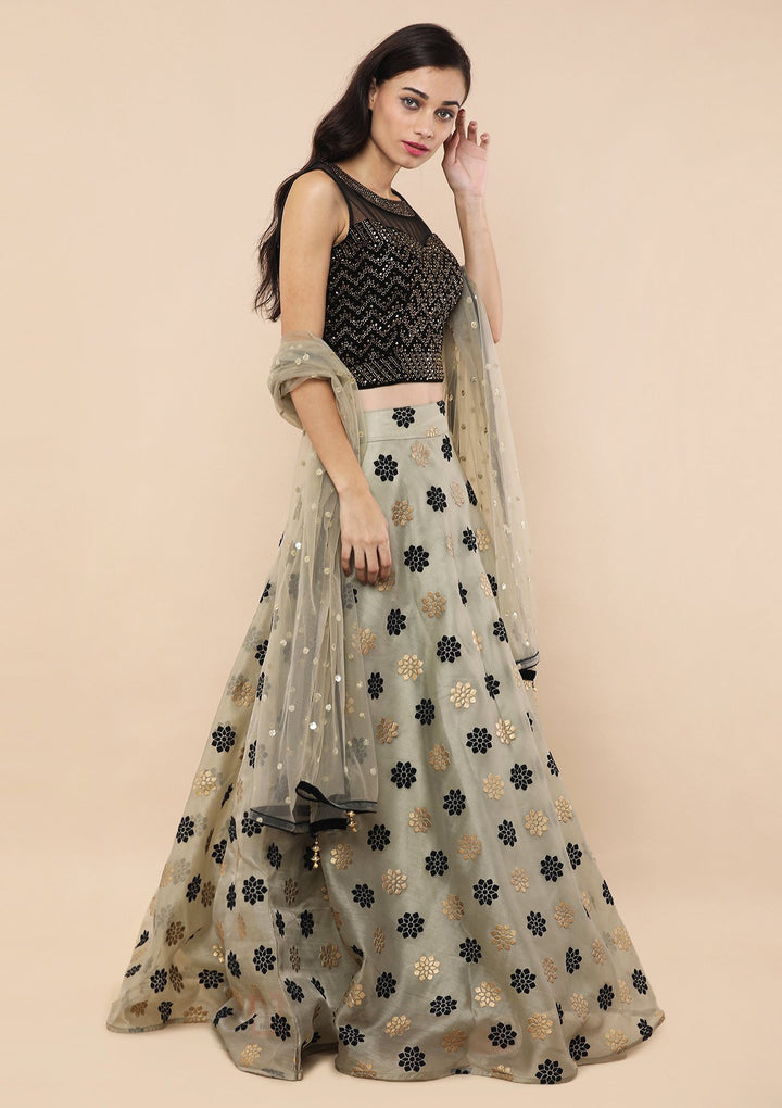 Teal Green Stone Work Velvet Designer Lehenga-Koskii