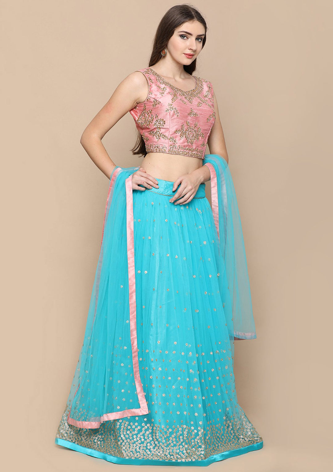 Sky Blue Stone Work Silk Designer Lehenga-Koskii