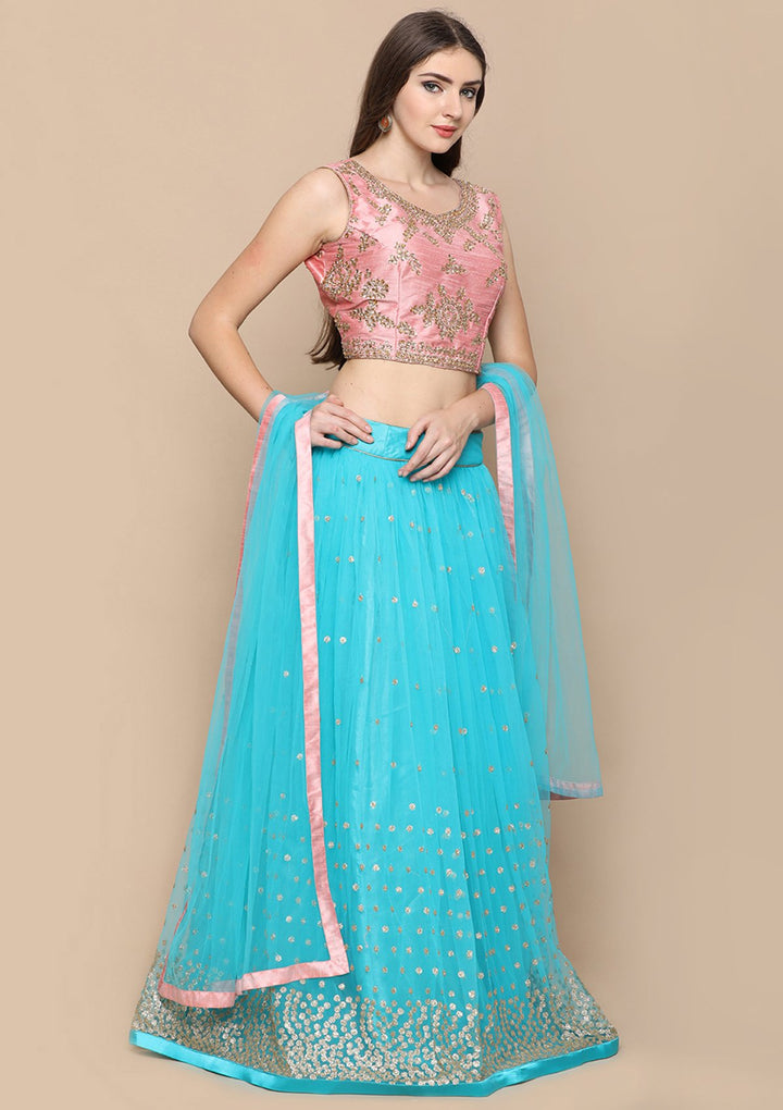 Sky Blue Stone Work Silk Designer Lehenga-Koskii