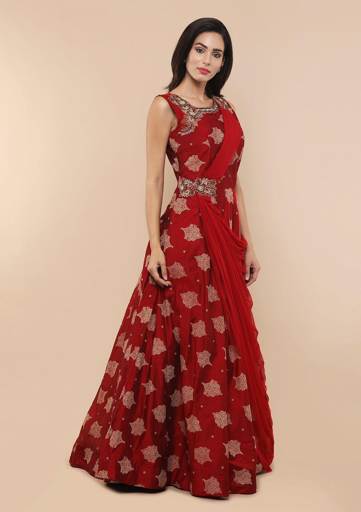 Red Brocade Designer Drape Gown-Koskii