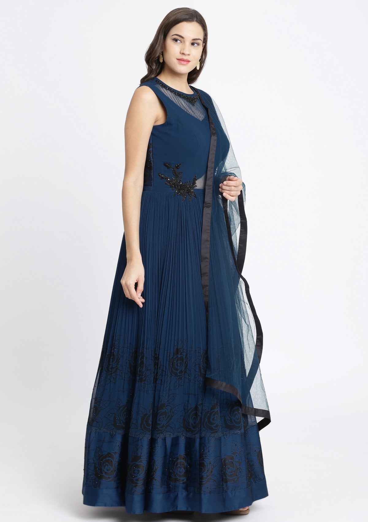 Peacock Blue Print Georgette Designer Gown-Koskii