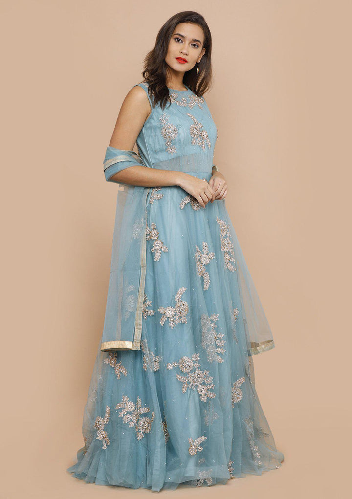 koskii teal blue floral net gown-Koskii
