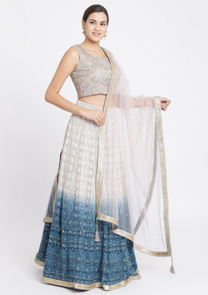 Peacock Blue Mirrorwork Georgette Designer Lehenga-Koskii