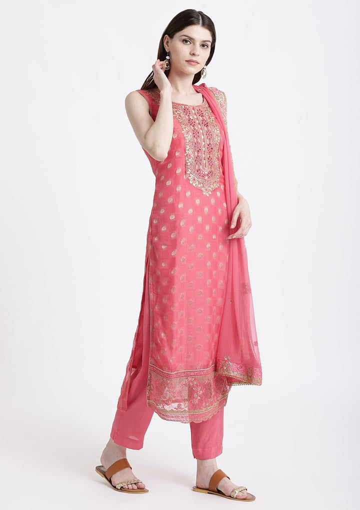 Pink Zari Work Chanderi Designer Salwar Suit-Koskii