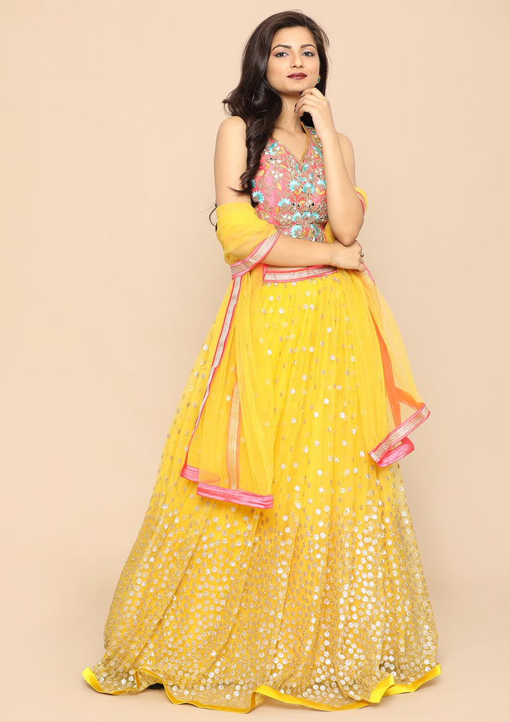 Yellow Zardozi Satin Designer Lehenga-Koskii