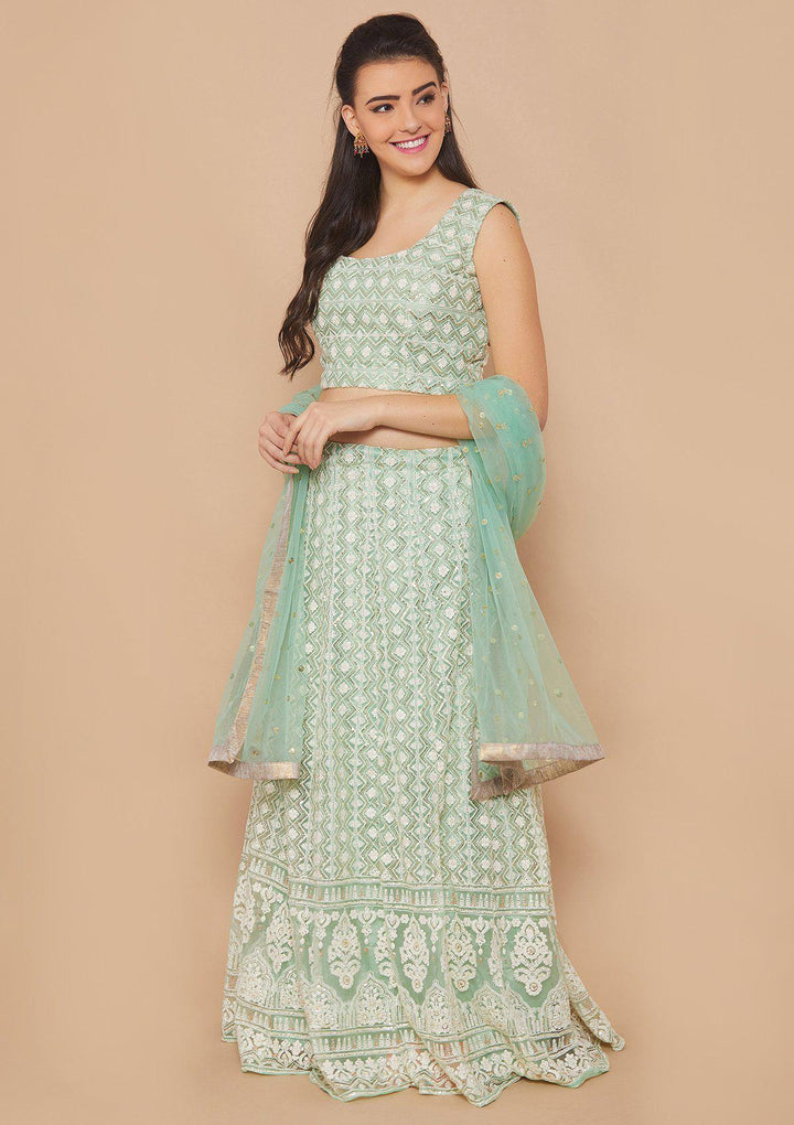 Green Thread-Work Net Designer Lehenga-Koskii