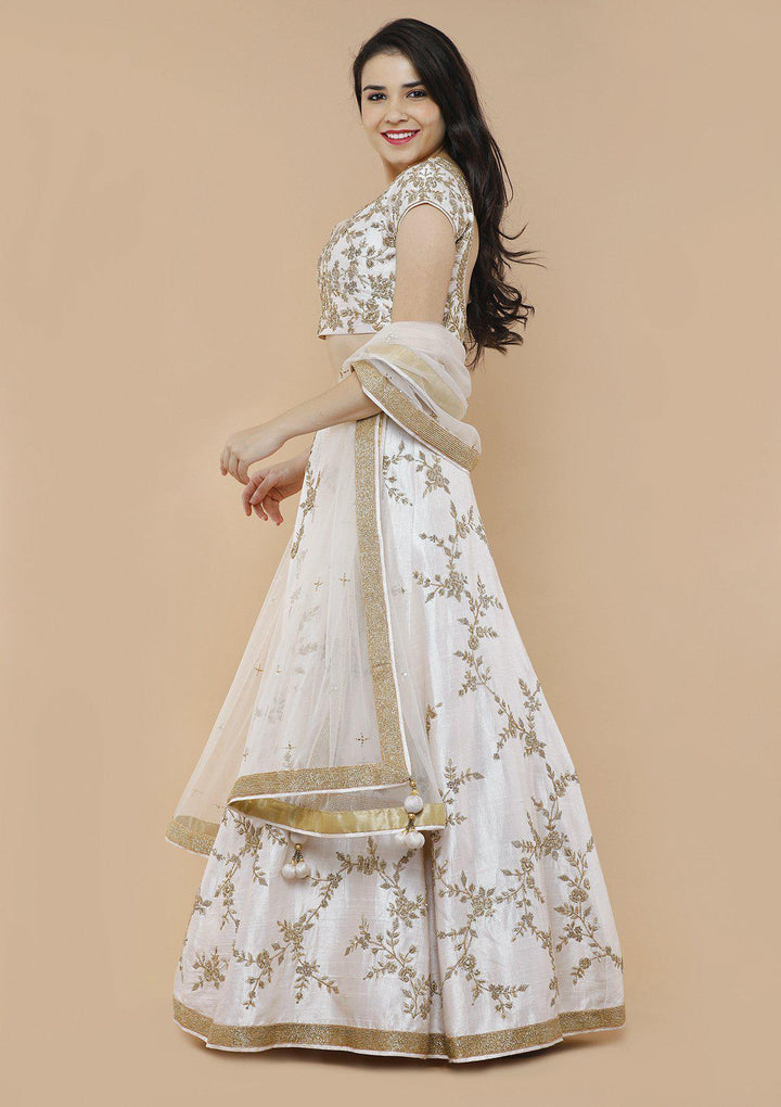 Ivory White Zardozi Work Designer Lehenga-Koskii