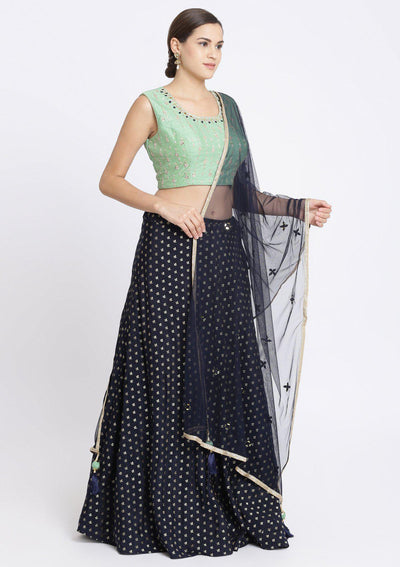 Navy Blue Zardozi Chanderi Designer Lehenga-Koskii