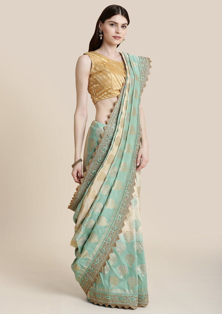Sea Green Zariwork Brocade Designer Saree-Koskii