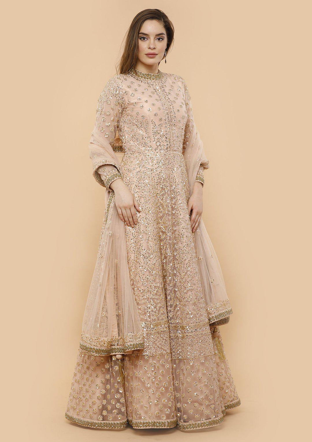 Peach Sequinned Net Designer Gown-Koskii