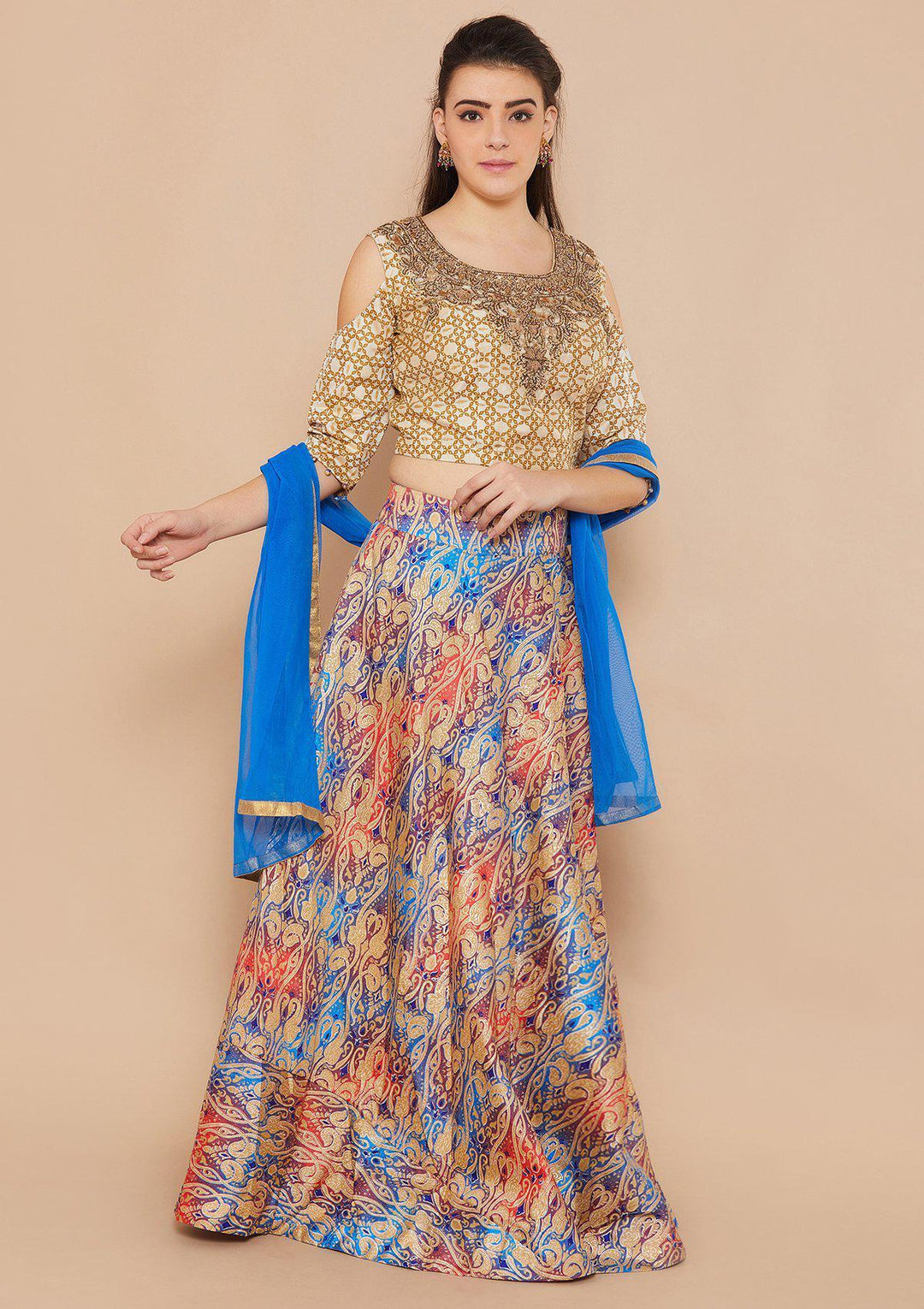 Blue and Cream Brocade Designer Lehenga-Koskii