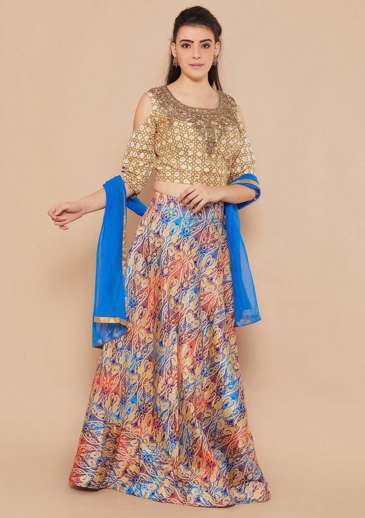 Blue and Cream Brocade Designer Lehenga-Koskii