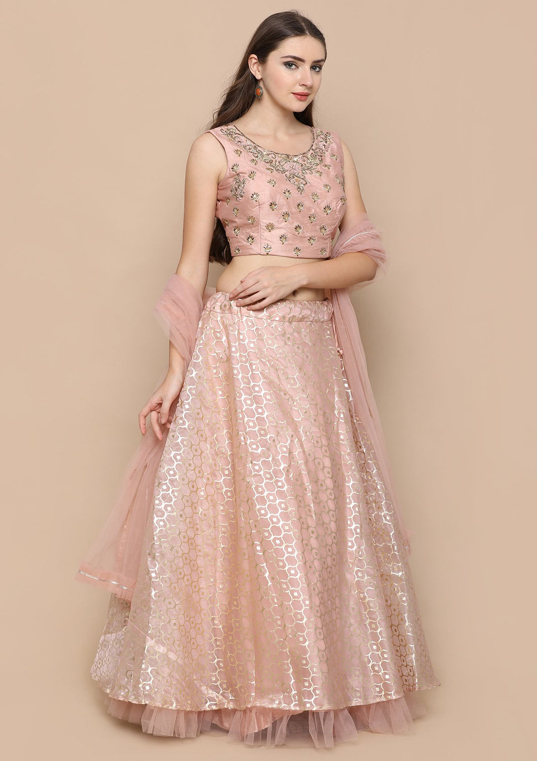 Peach Pink Zardozi Work Brocade Designer Lehenga-Koskii