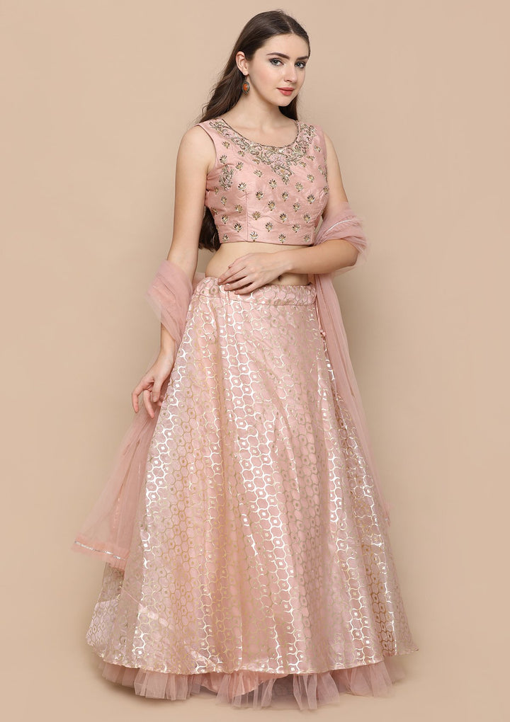 Peach Pink Zardozi Work Brocade Designer Lehenga-Koskii
