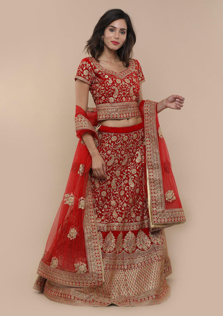 Red Stone Work Velvet Designer Lehenga-Koskii