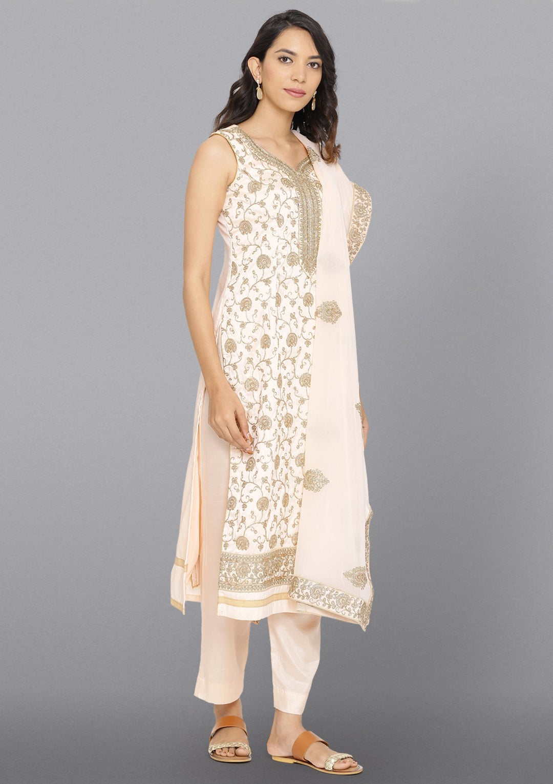 Peach Zariwork Chanderi Designer Salwar Suit-Koskii