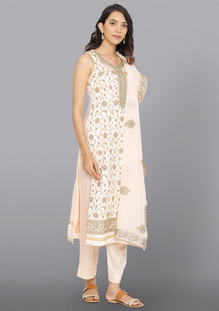 Peach Zariwork Chanderi Designer Salwar Suit-Koskii