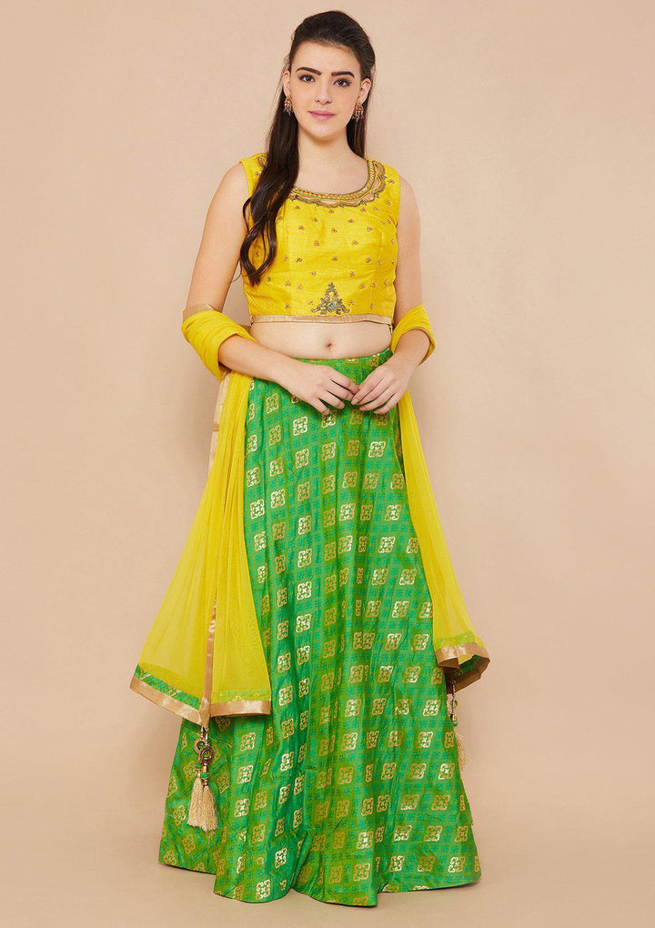 Koskii Stonework Rawsilk GREEN YELLOW Lehenga-Koskii