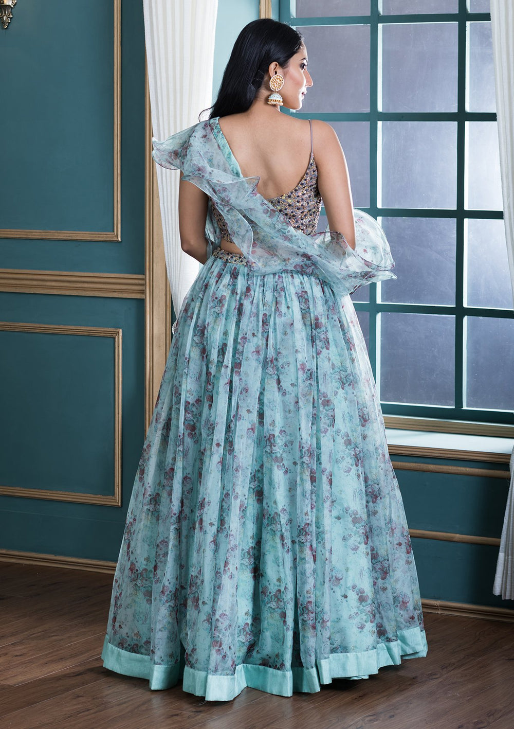 Sea Green Printed Designer Lehenga-Koskii
