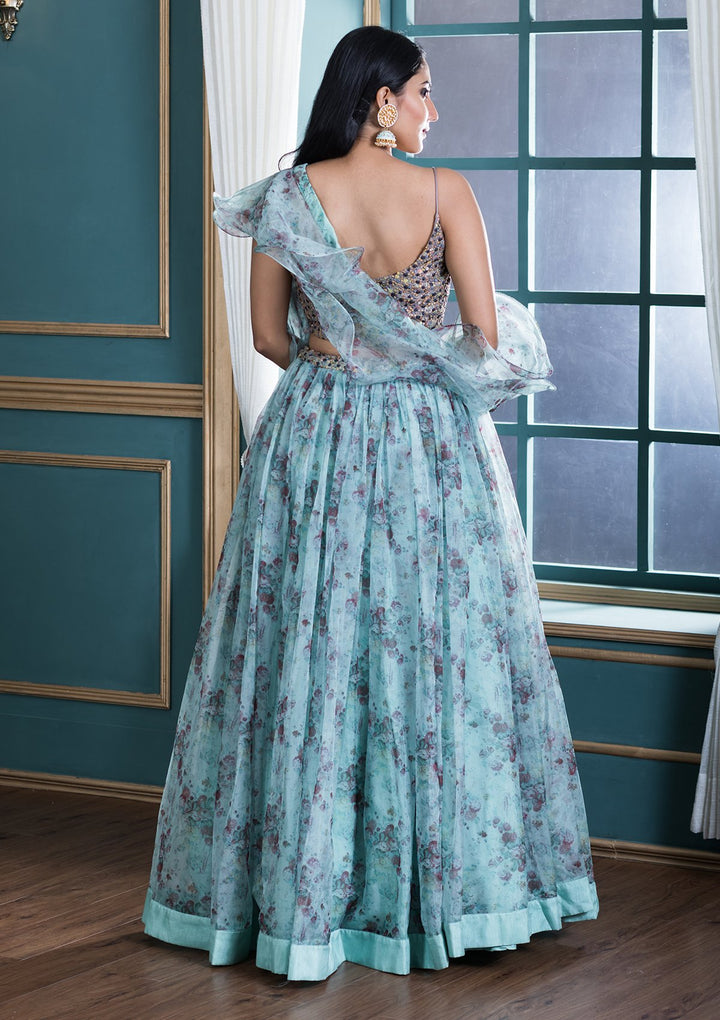 Sea Green Printed Designer Lehenga-Koskii
