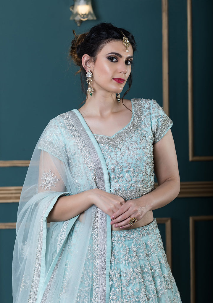 Powder Blue Sequinned Net Designer Lehenga-Koskii