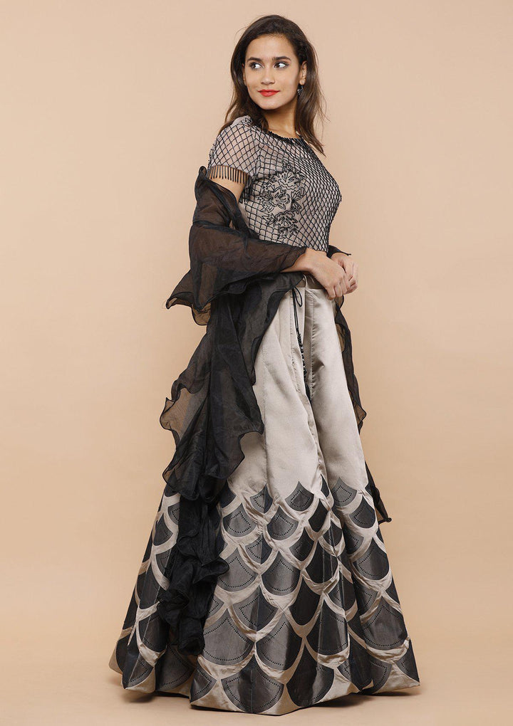 Grey Black Cutdana Silk Designer Lehenga-Koskii