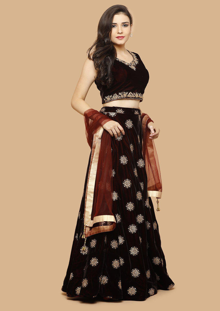 Maroon Embellished Velvet Designer Lehenga-Koskii