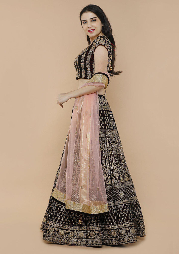 Maroon and Pink Embellished Velvet Designer Lehenga-Koskii