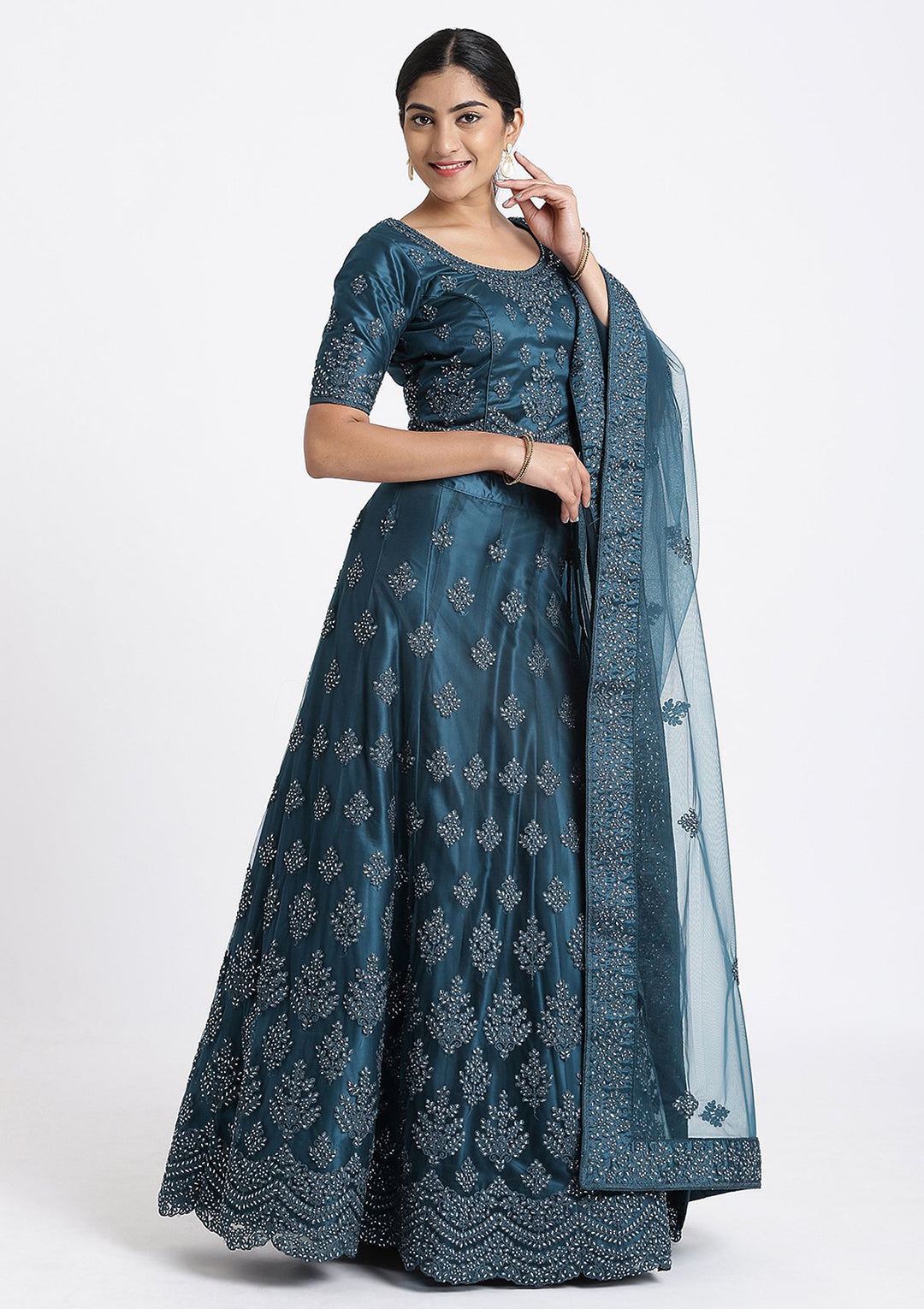 Peacock Blue Thread Work Net Designer Lehenga-Koskii