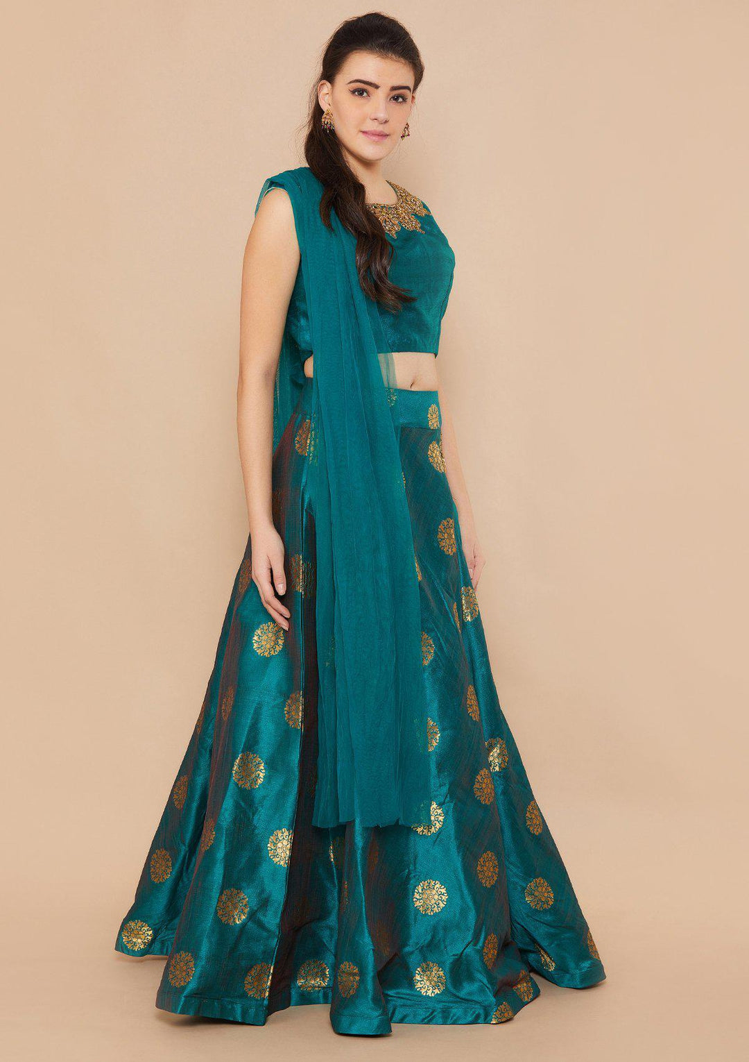 Green Stonework Raw-Silk Designer Lehenga-Koskii