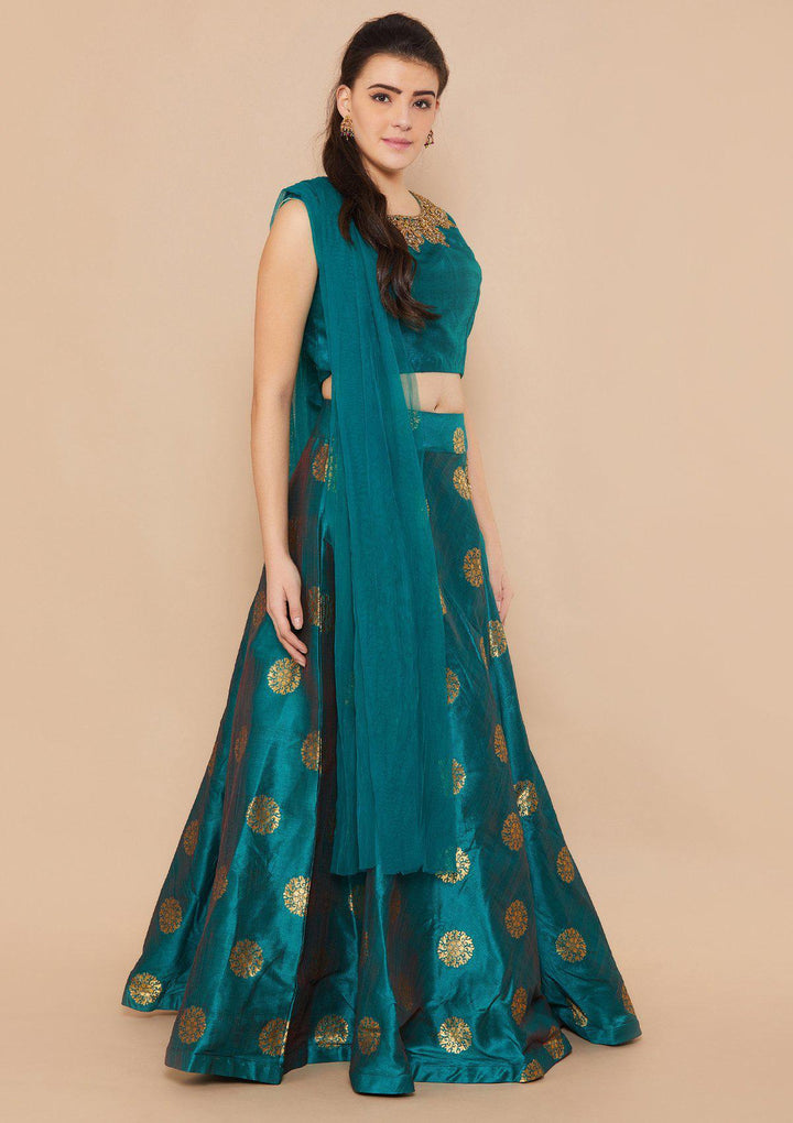 Green Stonework Raw-Silk Designer Lehenga-Koskii