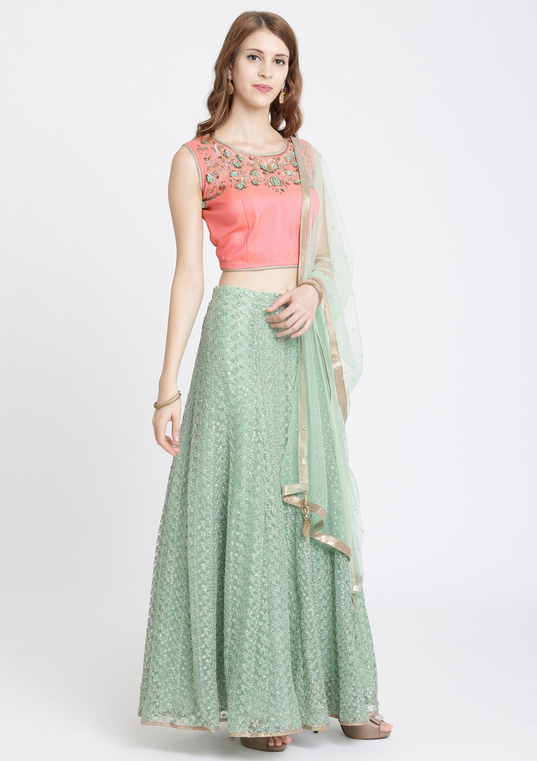 Pista Green Cutdana Net Designer Lehenga-Koskii