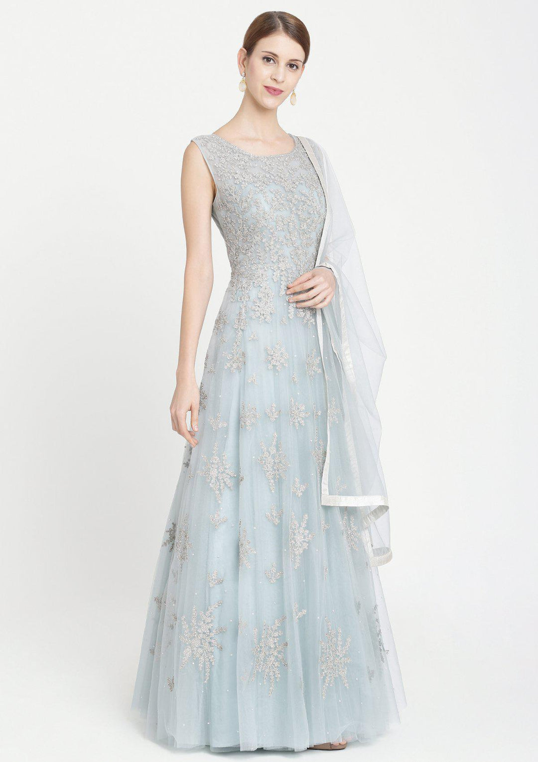 Sea Green Sequins Net Designer Gown-Koskii