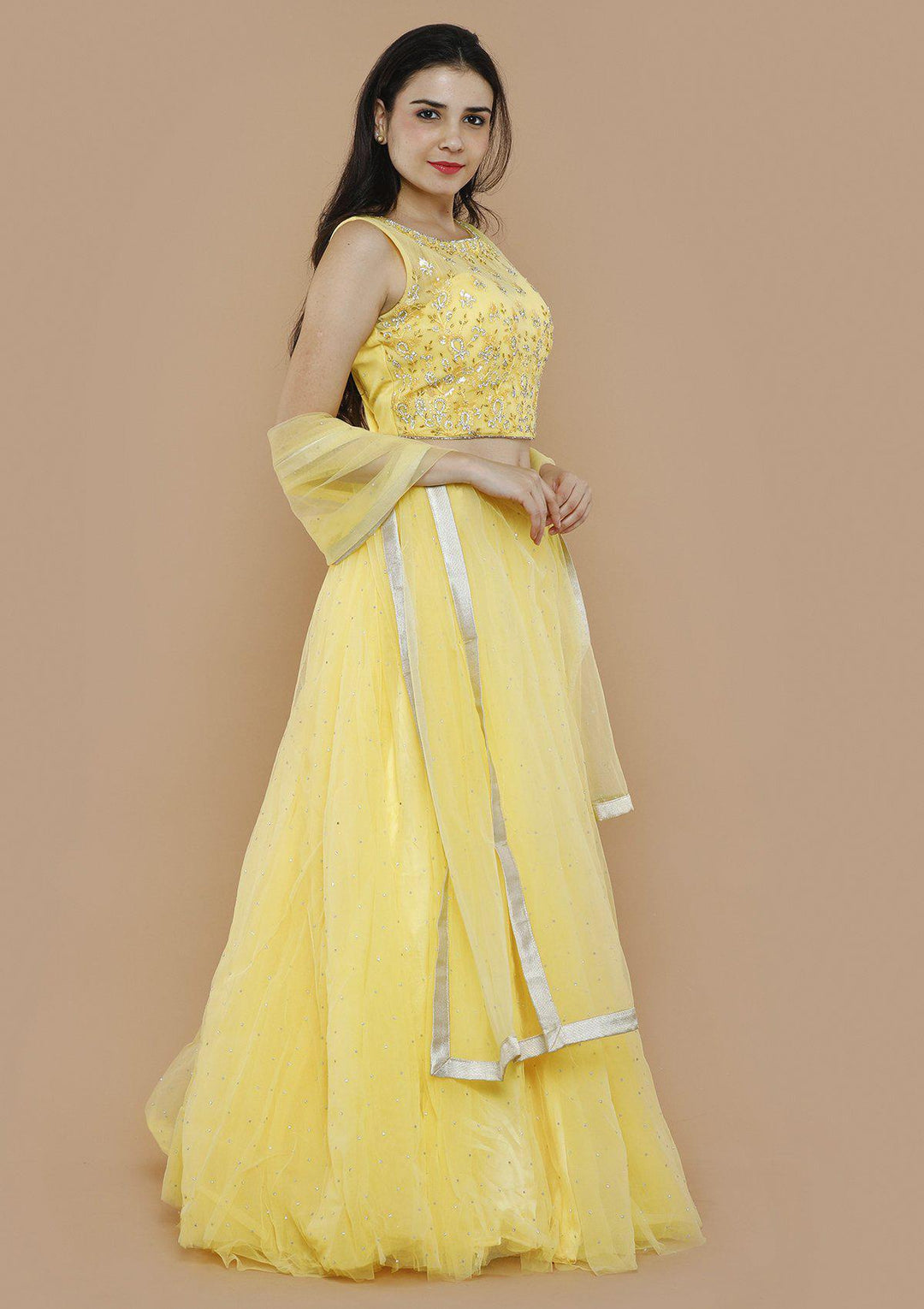 Yellow Sequinned Net Designer Lehenga-Koskii