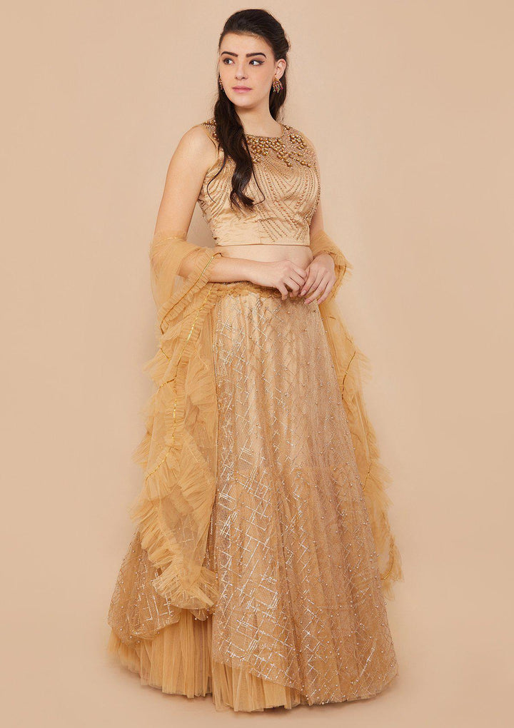 Gold Pearl-Work Net Designer Lehenga-Koskii