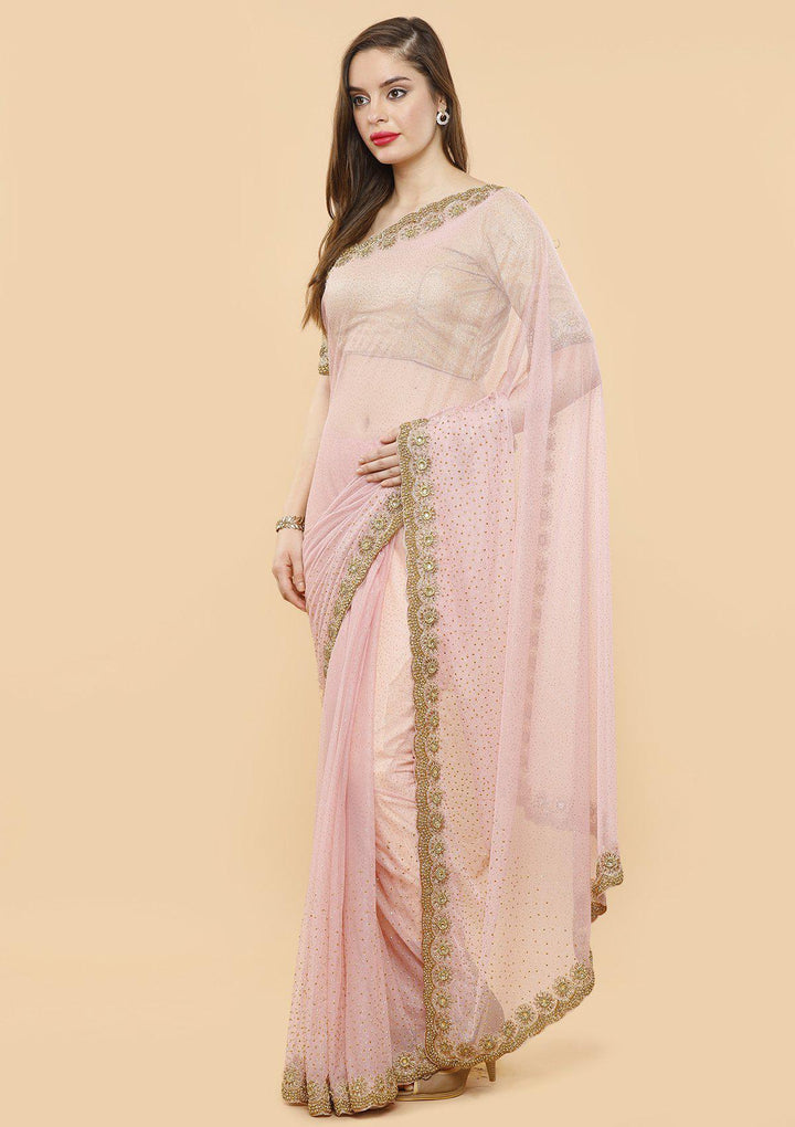 Baby Pink Stonework Net Designer Saree-Koskii