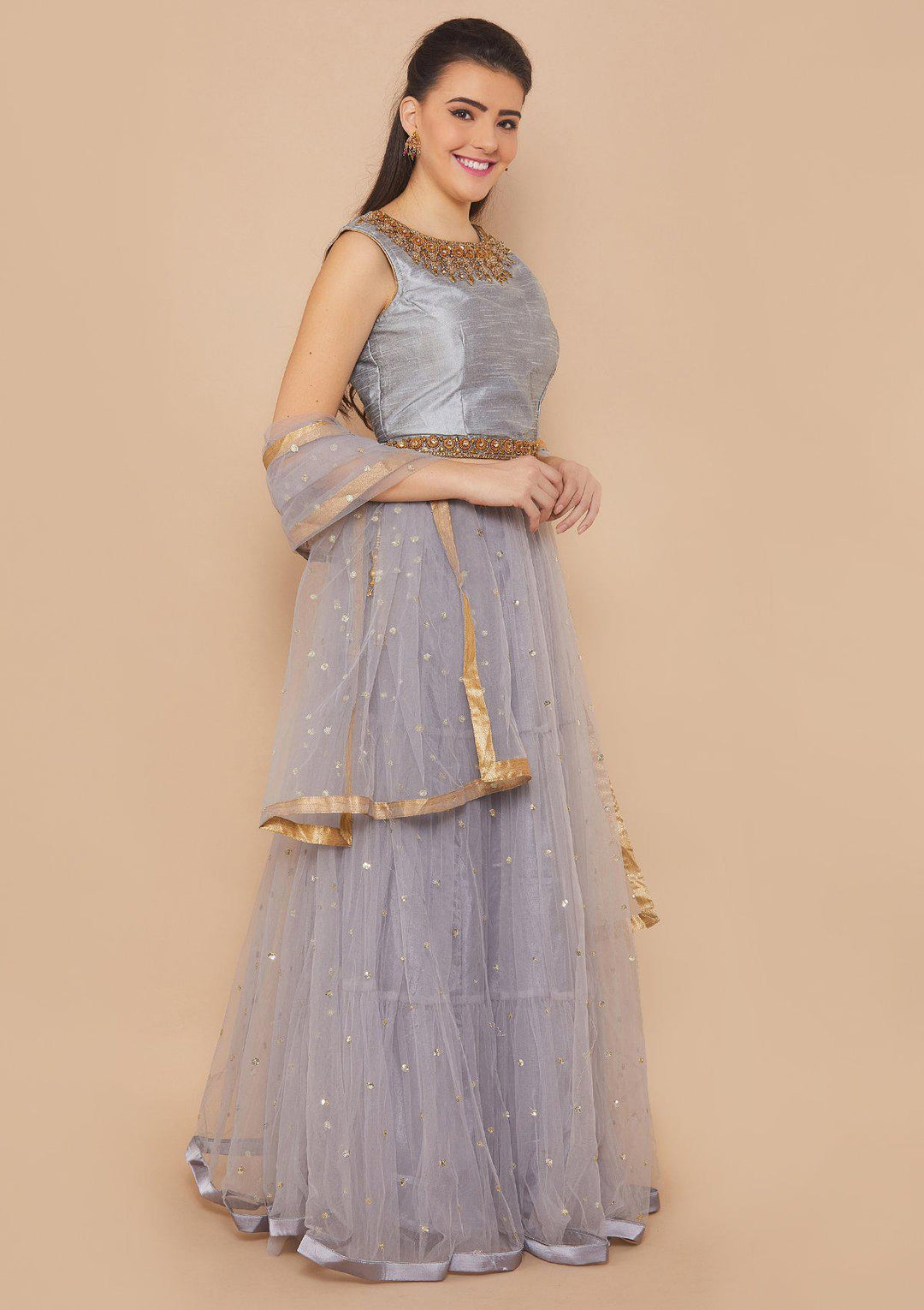 Grey Stonework Net Designer Lehenga-Koskii