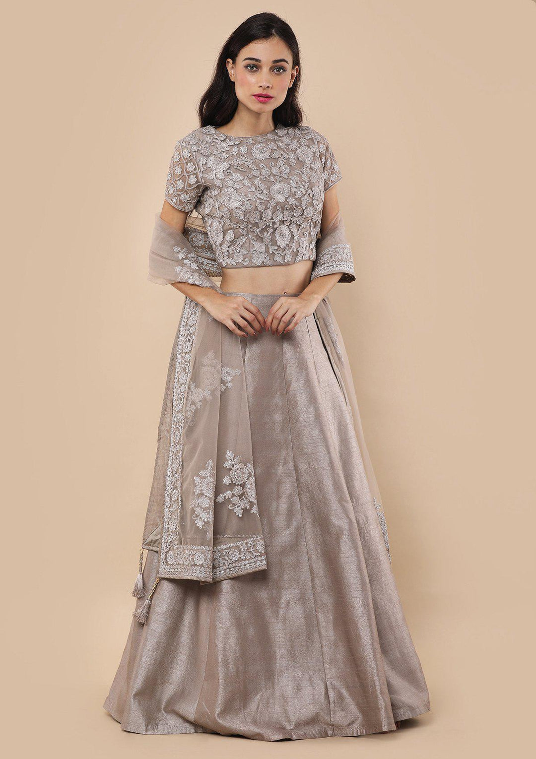 Beige Stone Work Silk Designer Lehenga-Koskii