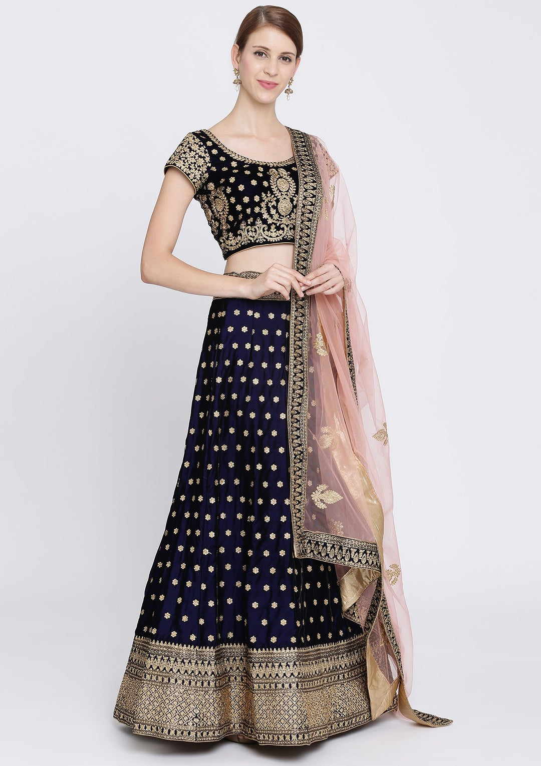 Navy Blue Zariwork Velvet Designer Lehenga-Koskii