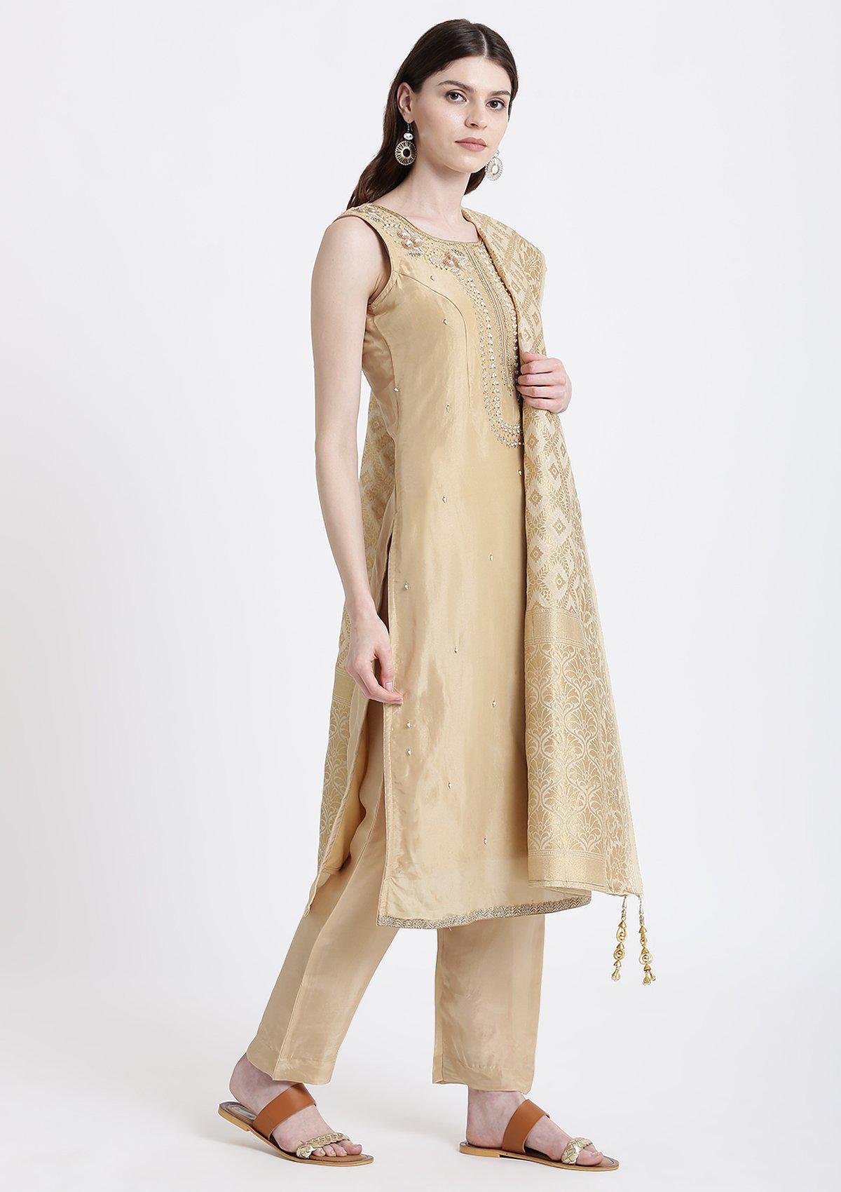 Gold Pearlwork Chanderi Designer Salwar Suit-Koskii