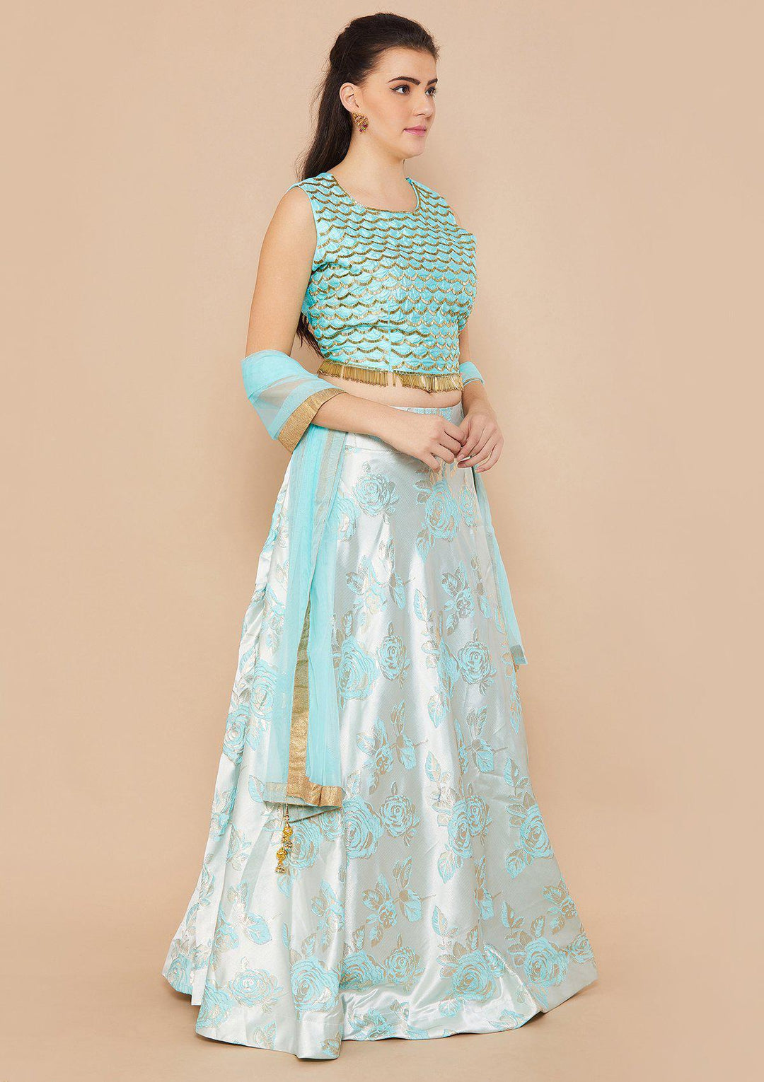 Ice Blue Cutdana Raw-silk Designer Lehenga-Koskii